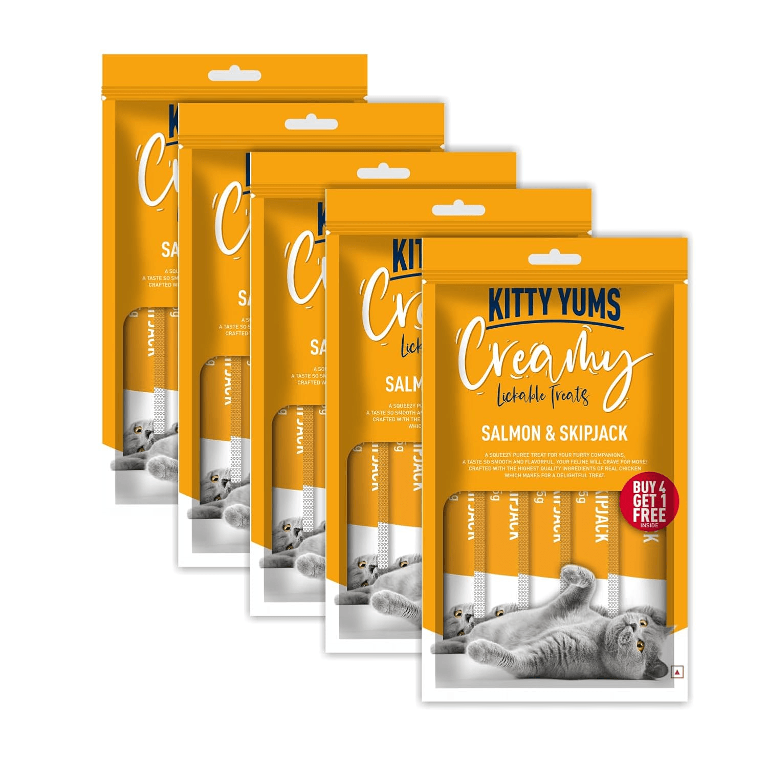 Kitty Yums Salmon & Skipjack Creamy Cat Treats 4+1 Pack of 5 (75g)
