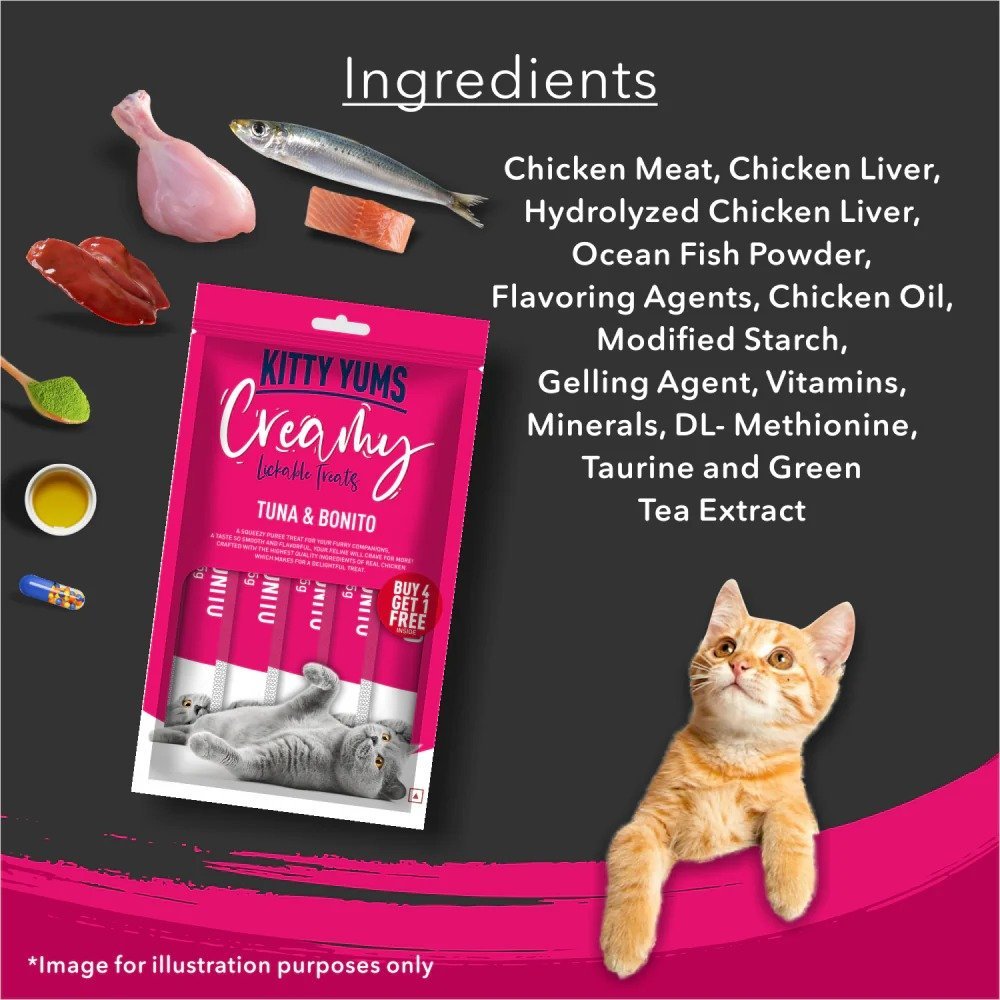 Kitty Yums Tuna & Bonito Creamy Cat Treats 4+1 Pack of 5 (75g) - Image 3