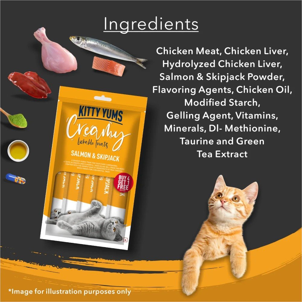 Kitty Yums Salmon & Skipjack Creamy Cat Treats 4+1 Pack of 5 (75g) - Image 3