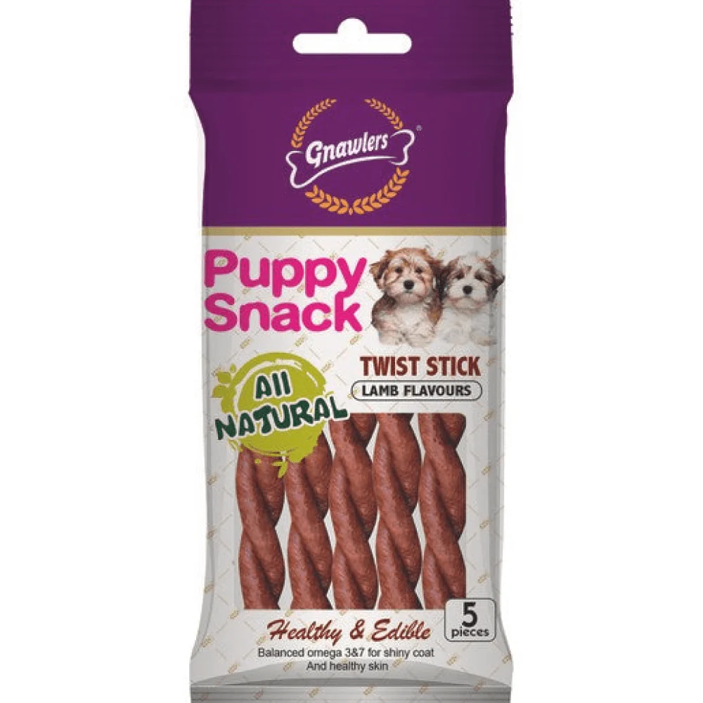 Gnawlers Puppy Snack Twist Stick Lamb Flavoured Dog Treats (80g)